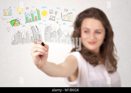 Cute woman skizzieren Stadt und Grafik Icons und Symbole Stockfoto