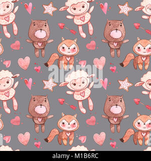 Nahtlose Muster mit Tieren. Rosa Aquarell Set von Elementen für den Valentinstag. Scrapbook Design Elemente. Typografie, Poster, Karten, Etiketten, Banner Design gesetzt. Stockfoto