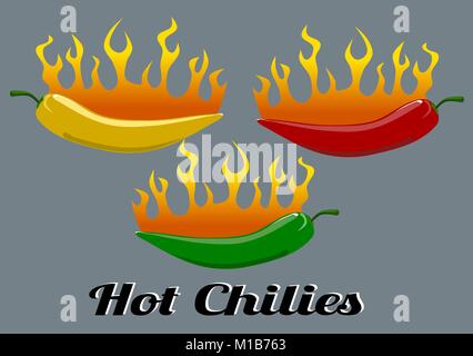 Hot Chilis mit Flammen, essen Konzept Vector Illustration Stock Vektor