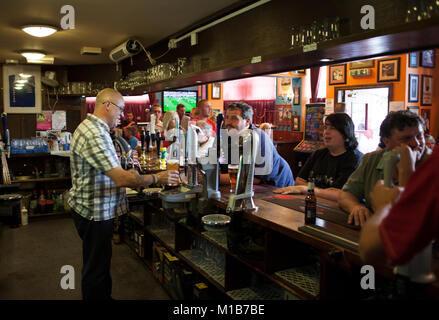 Die Einheimischen am Queens Head Pub, Burlslem, Stoke-on-Trent, sehen Sie sich das England WM-Spiel gegen Slowenien, 23. Juni 2010. Burslem war einst die Mutter Stadt der Keramik und Tonwaren Industrie, aber jetzt nur noch ein paar von den Topf Banken sind fuctioning wie die meisten der Branche hat nach Fernost verlagert. Rich Bowen Fotografie Stockfoto