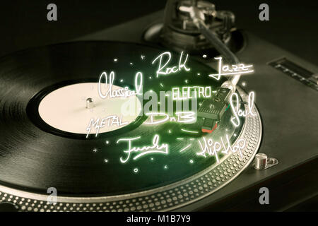 Plattenspieler mit Schallplatten und Musik genres writen Konzept im Hintergrund Stockfoto