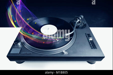 Plattenspieler, vinyl mit glühenden abstrakten Linien Konzept im Hintergrund Stockfoto