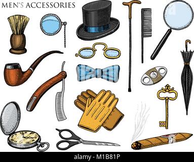 Gentleman Zubehör. Hipster oder Geschäftsmann, der viktorianischen Ära. graviert Hand gezeichnet Jahrgang. brogues, Aktentasche, Schnurrbart, shirt und Zigarre. Zylinder Hut, rauchen Pfeife, Rasiermesser, Monokel, pince-nez Stock Vektor