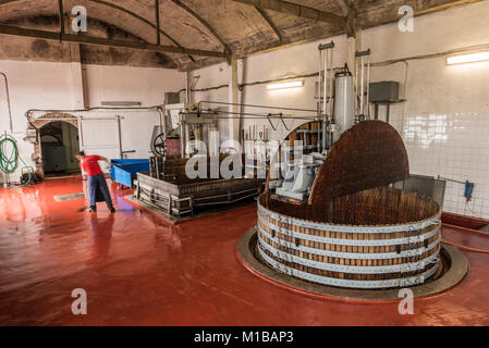 Épernay, Frankreich - 10. September 2017: Zwei alte hölzerne Wein pressen (Pressoir) und arbeiten Mann und Reinigung bei Champagner Haus Regent in Épernay, Frankreich Stockfoto