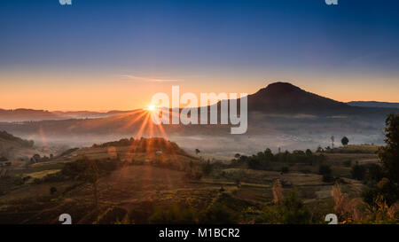 Morgennebel über die Wiese in den Wald. Stockfoto