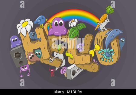 Cartoon Stil Hallo Wort mit niedlichen Monster Stock Vektor