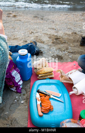 Nahaufnahme, Ansicht von Picknick Zutaten liegen auf einem roten Teppich auf dem Boden an einem Kieselstrand von einem Fluss im Süden Frankreichs Stockfoto