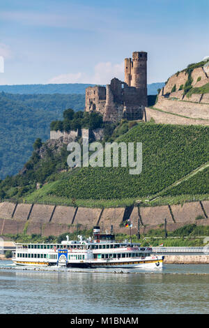 Die Ruine von Burg Ehrenfels in das Obere Mittelrheintal, Weinberge in der Nähe von RŸdesheim, Exkursion Boot Paddel wheeler Goethe, Stockfoto