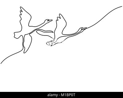 Kontinuierliche eine Linie zeichnen. Fliegende Schwäne logo Stock Vektor