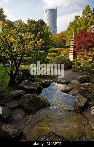 Japanischer Garten mit Post Tower, Rheinaue, Bonn, Nordrhein-Westfalen, Deutschland Stockfoto