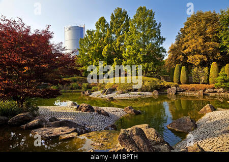 Japanischer Garten mit Post Tower, Rheinaue, Bonn, Nordrhein-Westfalen, Deutschland Stockfoto