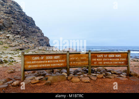 Kap der Guten Hoffnung Zeichen - Der südwestlichste Punkt des afrikanischen Kontinents. Cape Peninsula, Südafrika Stockfoto