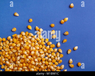 Mais Getreide für Popcorn auf blauem Hintergrund close-up auf der Oberseite Stockfoto