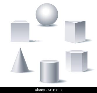 Geometrische 3D-Figuren. Weiß Grundformen der Geometrie auf weißem Hintergrund mit Schatten Vector Illustration Stock Vektor