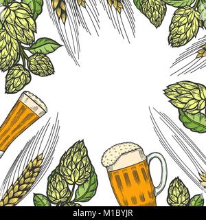 Bunte Bier Menü design Vorlage. Graviert Abbildung mit Gerste, Hopfen und Bier Gläser. Brauerei frame-Konzept. Hand Vektor-illustration fo gezeichnet Stock Vektor