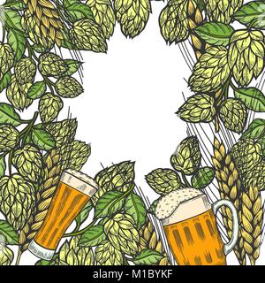 Bunte Bier Menü design Vorlage. Graviert Abbildung mit Gerste, Hopfen und Bier Gläser. Brauerei frame-Konzept. Hand Vektor-illustration fo gezeichnet Stock Vektor