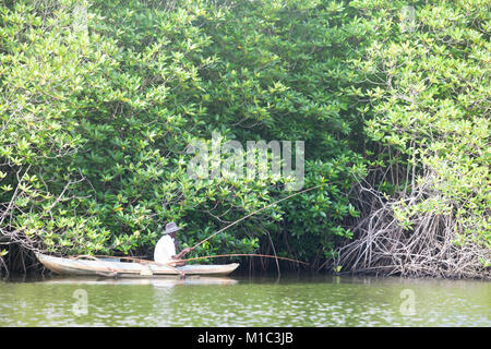 Madu Ganga, Balapitiya, Sri Lanka - Dezember 2015 - Eine ältere Fischer versucht, einige Fische auf Maduganga See zu fangen, Asien Stockfoto