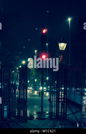 Straße in der Nacht im Regen, Exhibition Road, South Kensington, SW7, London, UK Stockfoto