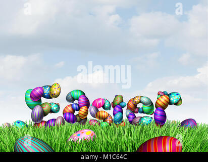 Ostern text auf Gras wie ein Frühlingsfest glücklich Gruß mit verzierten Eier als 3D-Darstellung. Stockfoto