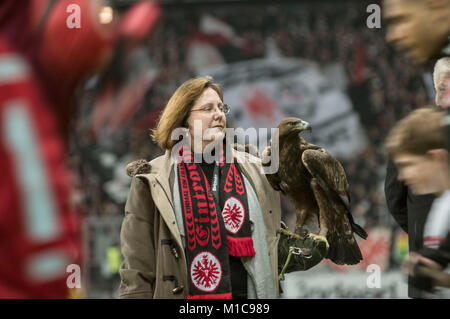 Frankfurt, Deutschland. 26 Jan, 2018. Funktion, Maskottchen der Adler "Attila" beobachtet den Einlauf der Vorgängerbaues verspielte, Fussball 1. Fussballbundesliga, 20. Spieltag, Eintracht Frankfurt (F) - Borussia Mönchengladbach (MG), am 26.01.2018 in Frankfurt/Deutschland. | Verwendung der weltweiten Kredit: dpa/Alamy leben Nachrichten Stockfoto