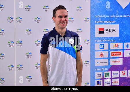 Ljubljana, Slowenien. 29 Jan, 2018. Jernej Damjan, einer der Top 15 im Skispringen auf der Welt in dieser Jahreszeit an der offiziellen Präsentation der slowenischen Olympic Team im Hotel Union. Credit: Matic Štojs/Alamy leben Nachrichten Stockfoto