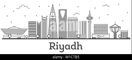 Umrisse Riyadh Saudi Arabien Skyline der Stadt mit modernen Gebäuden isoliert auf Weiss. Vector Illustration. Riad Stadtbild mit Sehenswürdigkeiten. Stock Vektor