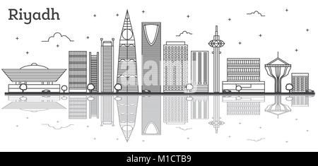 Umrisse Riyadh Saudi Arabien Skyline der Stadt mit modernen Gebäuden isoliert auf Weiss. Vector Illustration. Riad Stadtbild mit Sehenswürdigkeiten und Reflexionen. Stock Vektor