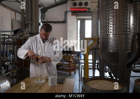 Männliche Arbeiter Kontrolle der Qualität der Gin Stockfoto