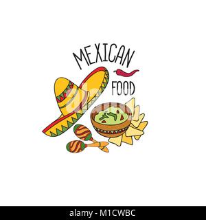 Mexikanisches Essen Symbol. Nationale Küche. Mexikanische Gericht doodles unterzeichnen. Fastfood Symbole mit Musikinstrument und sombrero Hut. Stock Vektor