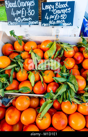 Eine Anzeige der Grünen Blutorangen Citrus sinensis aus Spanien in einem North Yorkshire Gemüsehändler shop Stockfoto