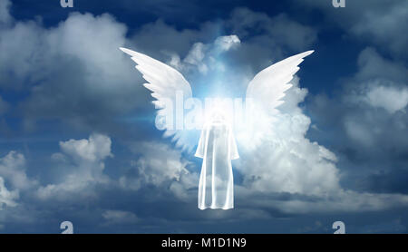 Abbildung in Weiß Mantel steht vor winged Star in bewölkten Himmel Stockfoto