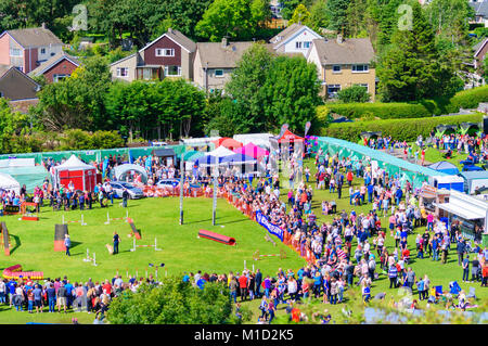 Dundonald Highland Games feiert traditionelle schottische Kultur, Pipe Band Contest, Majoren drum, solo Piping, Highland dancing und schwere Ereignisse Stockfoto