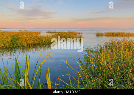 Sonnenuntergang Sonnenaufgang über dem Donaudelta, wo es auf das Schwarze Meer in Rumänien trifft – ein UNESCO-Biosphärenreservat und einzigartiges natürliches Ökosystem. Stockfoto