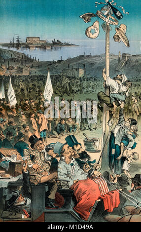 Erste jährliche Picknick der "Ritter der Arbeit" - mehr Spaß für die Zuschauer, als für die Darsteller - Jay Gould, William Henry Vanderbilt, Cyrus, Russell Sage Drucken zeigt, und John Roach Reiten in einem Schlitten hinter einer Masse von Arbeitern mit der Aufschrift "Ritter der Arbeit" und "Pittsburg Kostenlose Hungerstreikenden, die einen Mann als 'Arbeiter', die versuchen, eine "Geschmiert" Pole mit einem Kind auf dem Rücken und mit einer Frau und Kind hängt an seinem Gürtel zu klettern. Der Pol ist mit 'Monopol' Fett gefettet, oben sind "Höhere Löhne, Brot, Tabak, Wein und Schinken". Der Blick von der Pole zeigt Fabriken in der mi Stockfoto