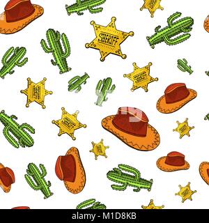 Cowboy nahtlose Muster. Wild West, Rodeo oder Inder mit Lasso. Hut und Gewehr, Sheriff Stern, Boot mit Hufeisen. graviert Hand in alte Skizze oder und Vintage Style und Etiketten für Ausdrucke erstellt. Stock Vektor