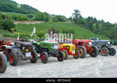 Alte Traktoren bei einer Ausstellung in Langhe, Piemont - Italien Stockfoto