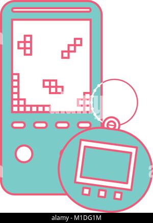 Tragbare Videospielkonsole und Tamagotchi spielzeug Vektor-illustration grüne und rote Linie Bild Stock Vektor