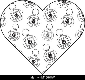 Muster Form Herz mit Spielzeug vintage tamagotchi Vektor-illustration Grobentwurf Stock Vektor