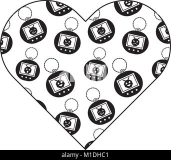 Muster Form Herz mit Spielzeug vintage tamagotchi Vektor-illustration schwarzes Bild Stock Vektor