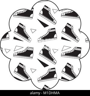 Blumenmuster Form Label mit klassischen sneakers Vektor-illustration schwarzes Bild Design Stock Vektor
