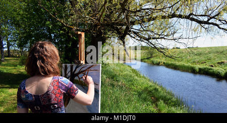 Frau Künstler malt die Landschaftsmalerei. Ein schöner Sommertag Panorama. Maler Sicht nach hinten. Stockfoto