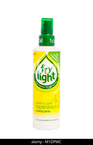 Eine Flasche fry Licht 1 cal Cooking Spray Rapsöl auf weißem Hintergrund Stockfoto