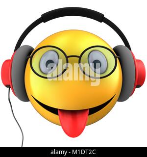 3D-Darstellung der gelbe Smiley smile mit roten Kopfhörer auf weißem Hintergrund Stockfoto