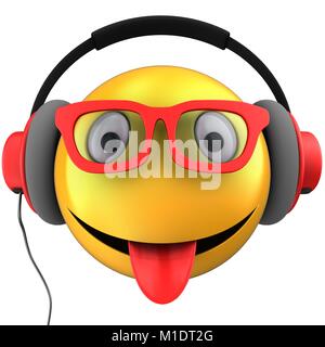 3D-Darstellung der gelbe Smiley smile mit roten Kopfhörer auf weißem Hintergrund Stockfoto