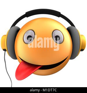 3D-Darstellung der orange Emoticon smile mit gelben Kopfhörern auf weißem Hintergrund Stockfoto