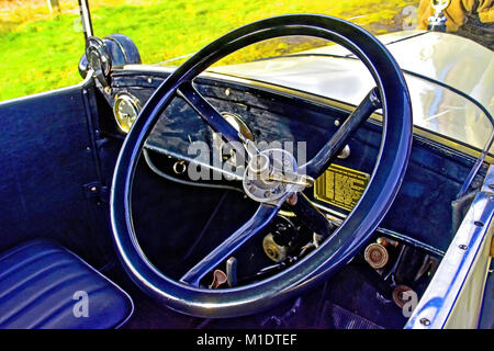 Austin 7 Oldtimer Detail der Lenkung und Steuerung in Shildon Railway Museum Stockfoto