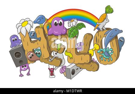 Cartoon Stil Hallo Wort mit niedlichen Monster Stock Vektor