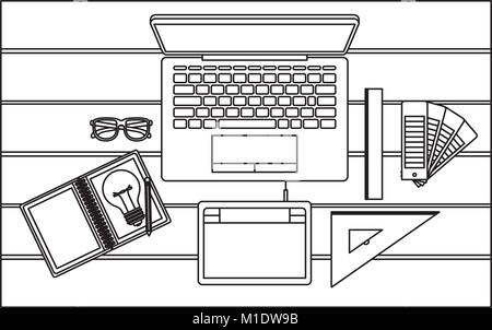 Laptop- und Zeichenwerkzeuge über Schreibtisch in der Ansicht von oben in schwarz Kontur Stock Vektor