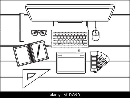 Desktop Computer- und Zeichenwerkzeuge über Schreibtisch in der Ansicht von oben in schwarz Kontur Stock Vektor