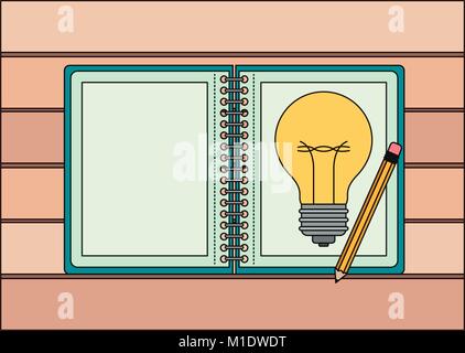 Spirale Notebook mit Glühbirne in Blatt und Bleistift über Desk Top View in Aquarell Silhouette Stock Vektor